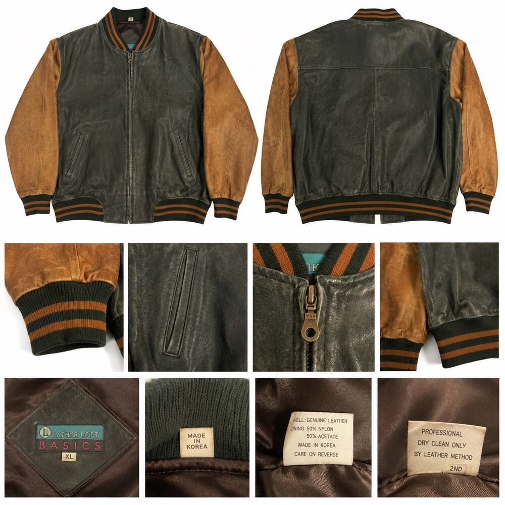 Vintage Leather Loft Colorblock Leather Bomber Jacket XL Korea Black Orange